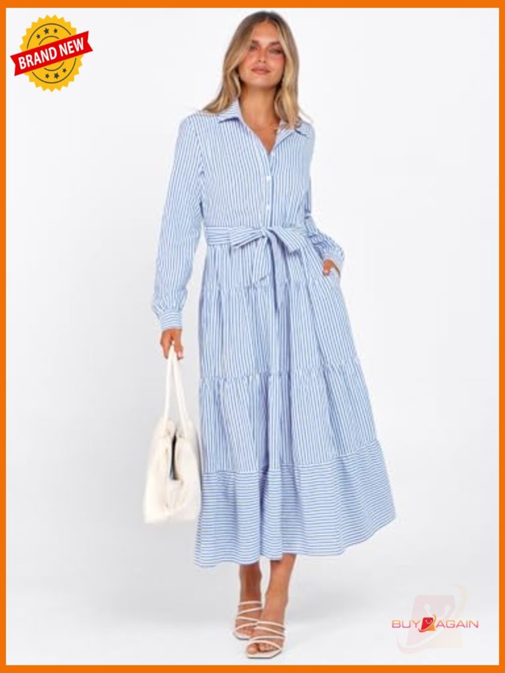 Long Sleeve Maxi Dress with Belt Button Down Casual Shirt Dress - Picture 2 of 7
